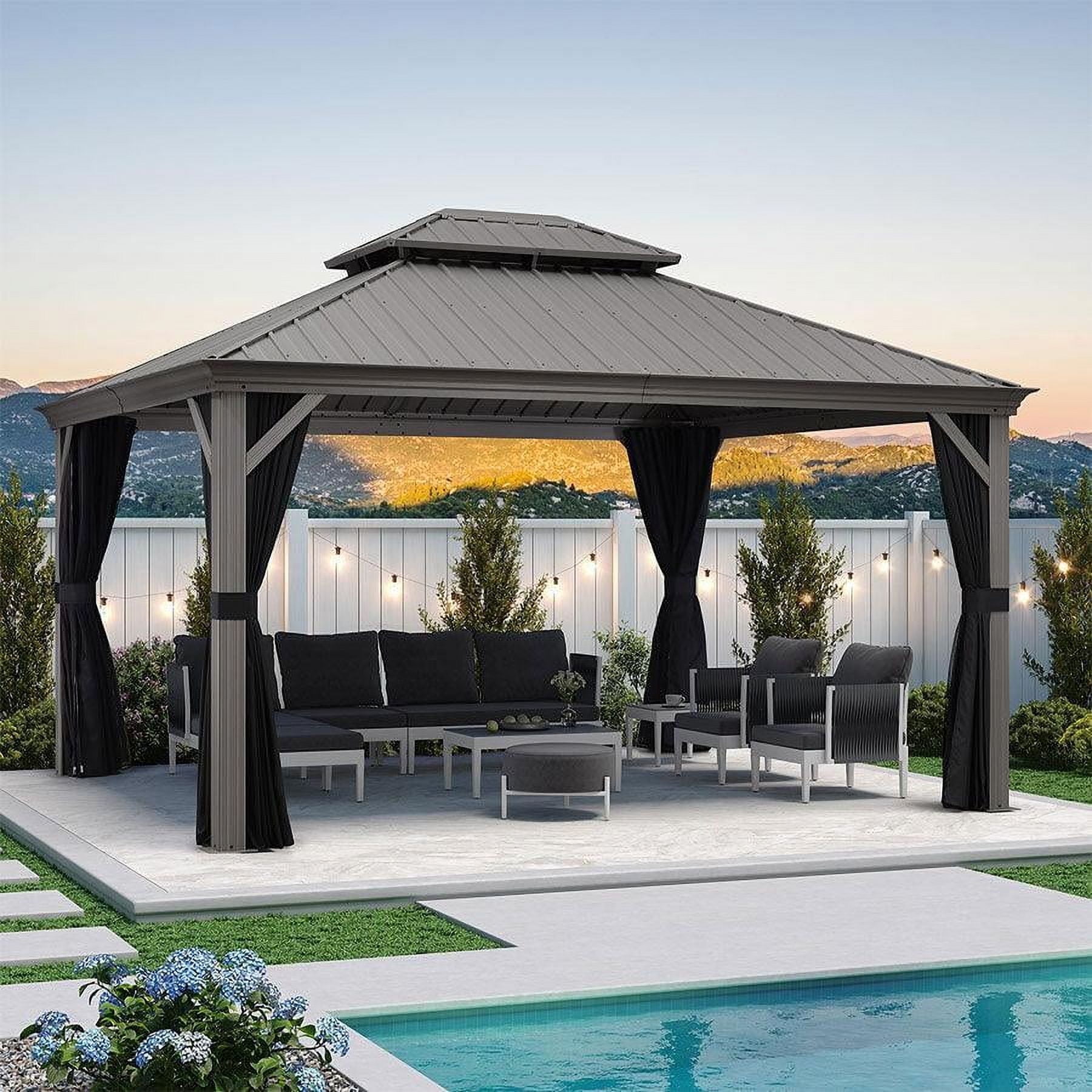 12' x 14' Gray Aluminum and Steel Hardtop Gazebo with Curtains