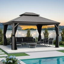 PURPLE LEAF 12' x 14' Permanent Hardtop Gazebo with Galvanized Steel Double Roof and Aluminum Frames Outdoor Large Pavilion Gazebo for Patio Deck Garden, Nettings and Curtains Included, Light Grey
