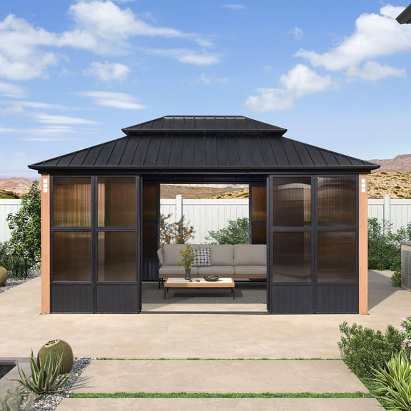 PURPLE LEAF 12' x 16' Permanent Hardtop Gazebo Aluminum Frame Gazebo with Galvanized Steel Double Roof, Solarium Backyard Sun Room with Detachable Windows for Backyard Patio Lawn and Garden