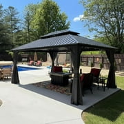 PURPLE LEAF 12' x 16' Permanent Hardtop Gazebo Aluminum Frame Gazebo with Galvanized Steel Double Roof, UV-Resistant for Backyard Patio Lawn and Garden, Netting & Curtains included - Grey