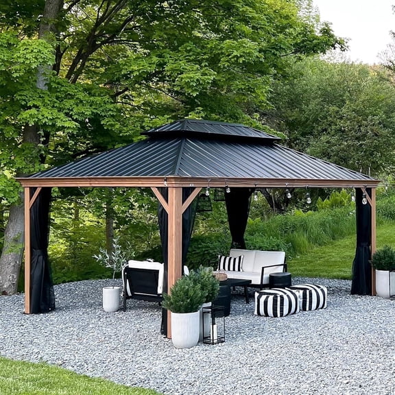 PURPLE LEAF 12 x 16 ft. Wood Gazebo,Upgrade Outdoor Hardtop Gazebo with Galvanized Steel Double Roof for Patio with Netting