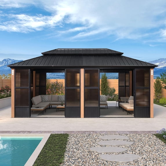 PURPLE LEAF 12' x 20' Permanent Hardtop Gazebo Aluminum Frame Gazebo with Galvanized Steel Double Roof, Solarium Backyard Sun Room with Detachable Windows for Backyard Patio Lawn and Garden