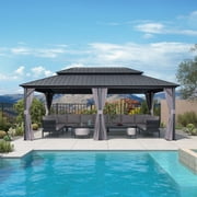 PURPLE LEAF 12' x 20' Permanent Hardtop Gazebo Aluminum Frame Gazebo with Galvanized Steel Double Roof, UV-Resistant for Backyard Patio Lawn and Garden, Netting & Curtains included - Grey