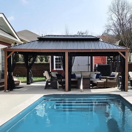 PURPLE LEAF 12' X 20' Patio Outdoor Hardtop Gazebo Galvanized Steel Double Roof Permanent Canopy Teak Finish Coated Aluminum Frame Pavilion Gazebo with Netting for Backyard Lawn and Garden