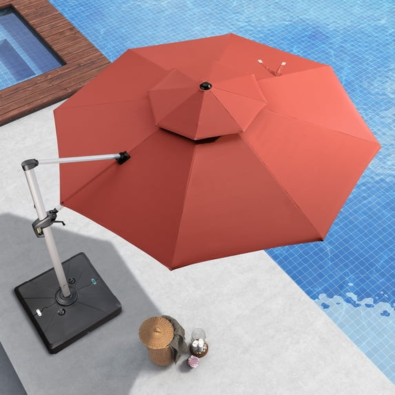 PURPLE LEAF 12FT Deluxe Round Patio Umbrella, Large Offset Cantilever Umbrella with 360° Rotation, Brick Red