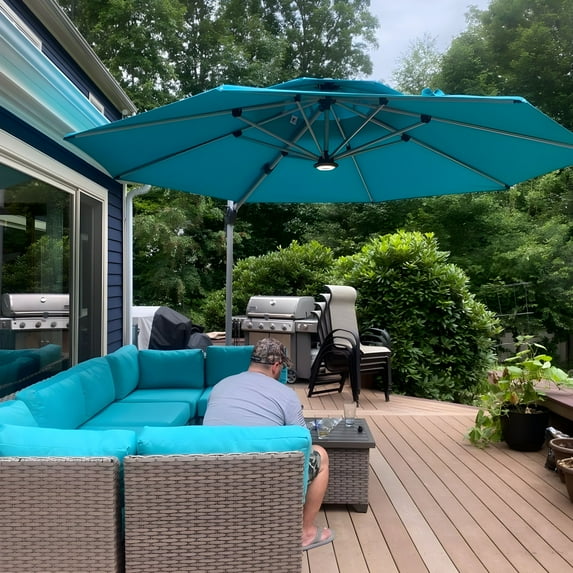 PURPLE LEAF 12FT Deluxe Round Patio Umbrella, Large Offset Cantilever Umbrella with 360° Rotation, Turquoise Blue