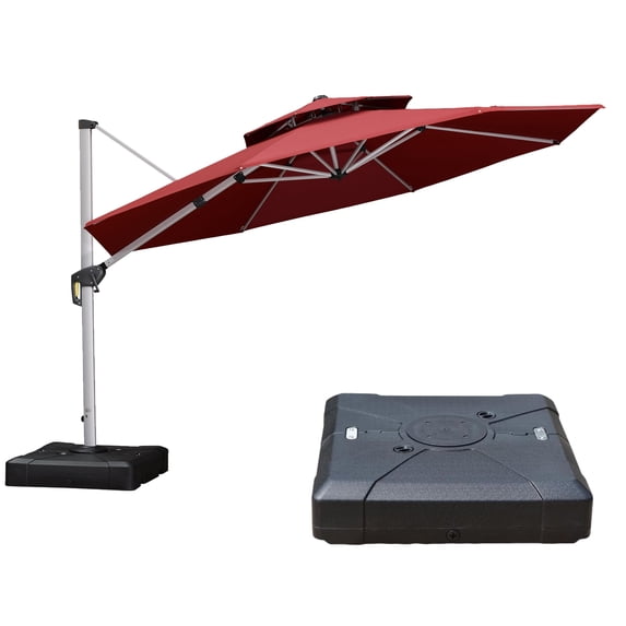 PURPLE LEAF 12FT Deluxe Round Patio Umbrella with Base, Large Offset Cantilever Umbrella with 360° Rotation, Terra