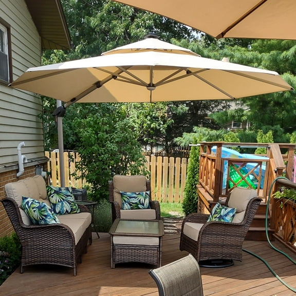 PURPLE LEAF 12FT Deluxe Round Solar Powered LED Patio Umbrella, Large Offset Cantilever Umbrella with 360° Rotation, Beige