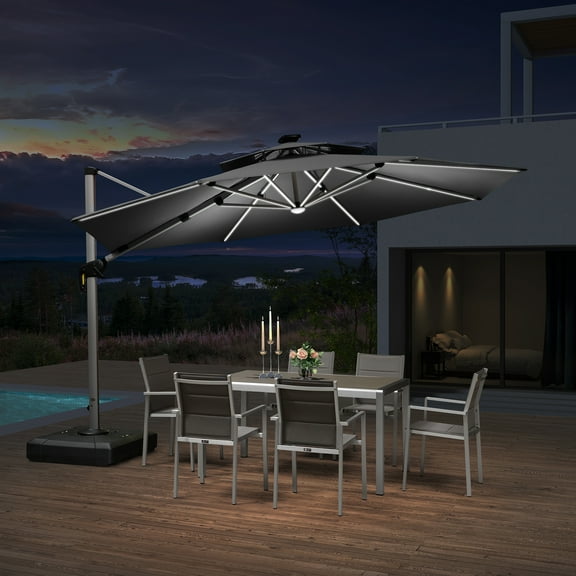PURPLE LEAF 12FT Deluxe Round Solar Powered LED Patio Umbrella, Large Offset Cantilever Umbrella with 360° Rotation, Gray