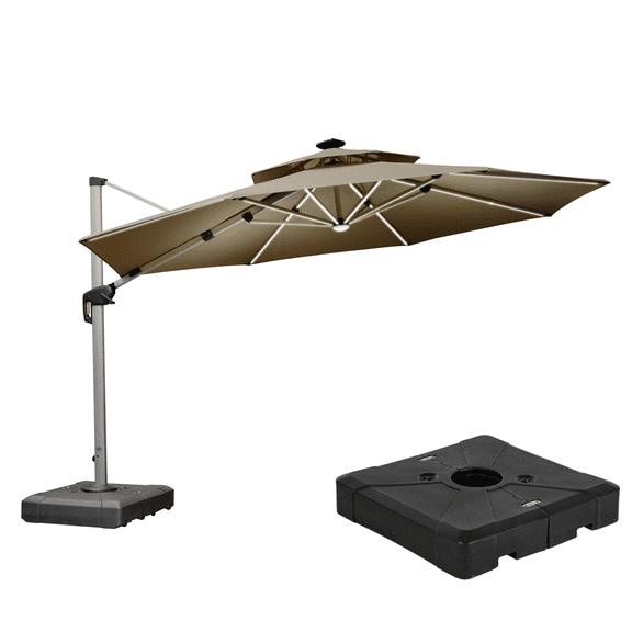 PURPLE LEAF 12FT Deluxe Round Solar Powered LED Patio Umbrella with Base, Large Offset Cantilever Umbrella with 360° Rotation, Beige