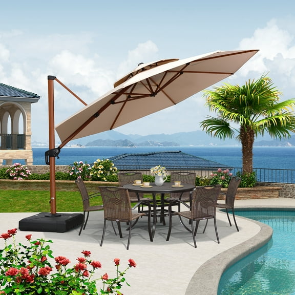 PURPLE LEAF 12FT Deluxe Round Wood Grain Patio Umbrella, Large Offset Cantilever Umbrella with 360° Rotation, Beige