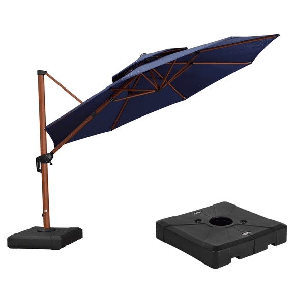 PURPLE LEAF 12FT Deluxe Round Wood Grain Patio Umbrella with Base, Large Offset Cantilever Umbrella with 360° Rotation, Navy Blue