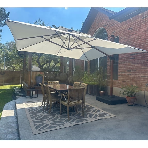 PURPLE LEAF 12FT Deluxe Square Wood Grain Patio Umbrella with Base, Large Offset Cantilever Umbrella with 360° Rotation, Cream