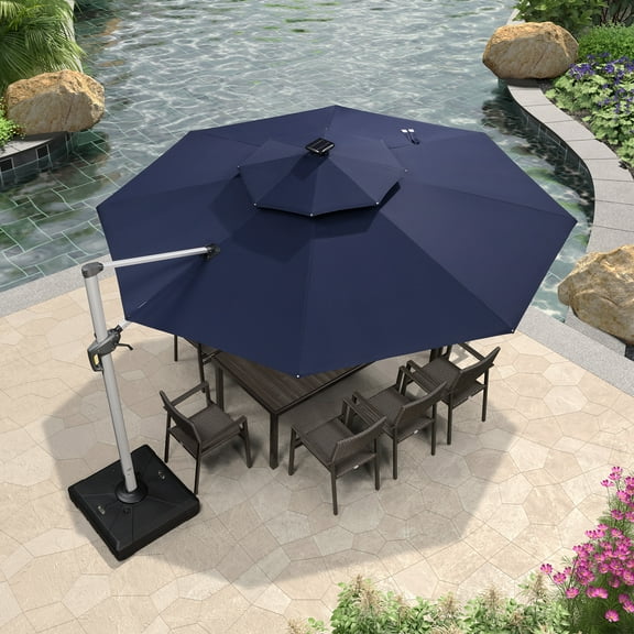 PURPLE LEAF 12FT Round Solar Powered LED Patio Umbrella Outdoor Large Cantilever Umbrella for Garden Deck Pool Patio, Navy Blue