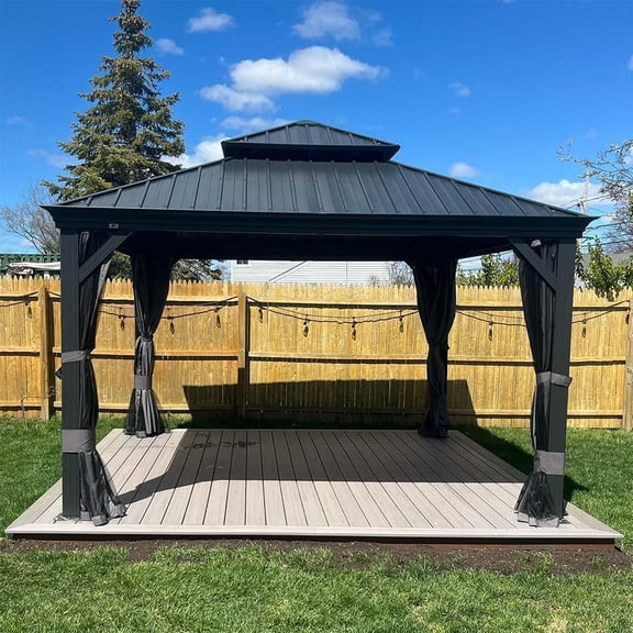 PURPLE LEAF 13' X 13' Permanent Hardtop Aluminum Frame Gazebo with Galvanized Steel Double Roof for Patio Lawn and Garden, Curtains and Netting Included, Grey