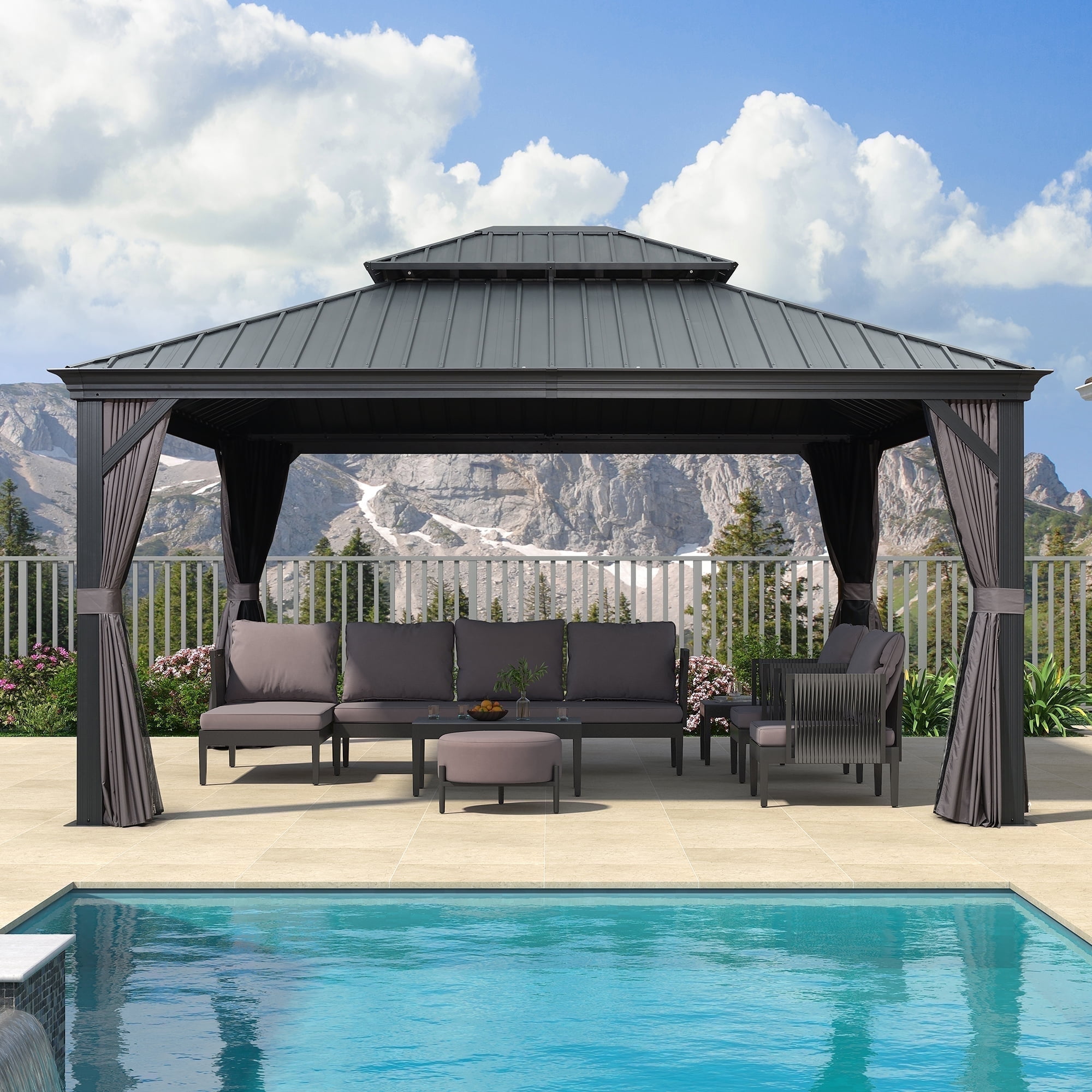 Gray Aluminum Frame 13' x 15' Hardtop Gazebo with Curtains
