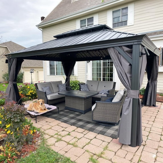 PURPLE LEAF 13' X 15' Permanent Hardtop Aluminum Frame Gazebo with Galvanized Steel Double Roof for Patio Lawn and Garden, Curtains and Netting Included, Grey