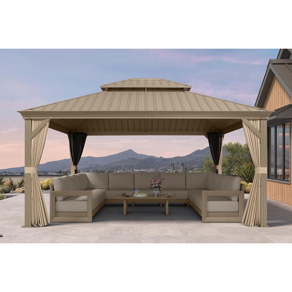 PURPLE LEAF 13' x 15' Hardtop Gazebo Galvanized Steel Double Roof with Curtains and Netting Permanent Outdoor Patio Shelter Lawn Garden Deck Champagne