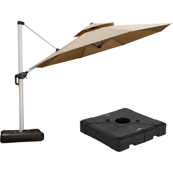 PURPLE LEAF 13FT Deluxe Round Patio Umbrella with Base, Large Offset Cantilever Umbrella with 360° Rotation, Beige