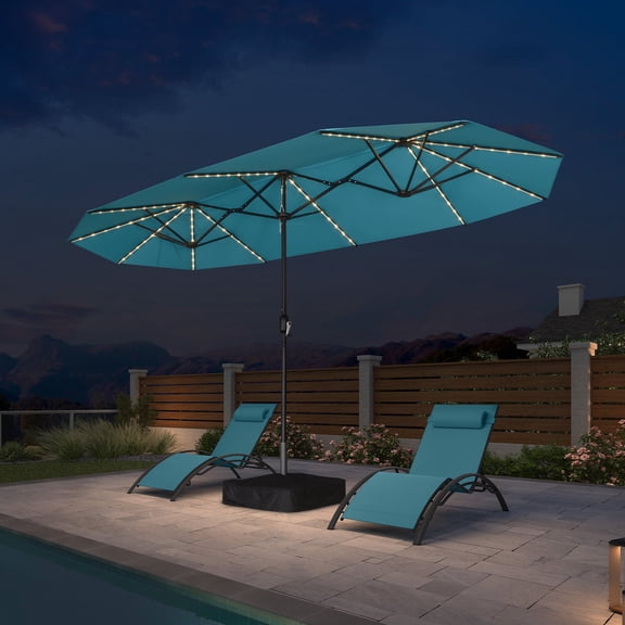 PURPLE LEAF 13ft Patio Market Umbrella with Base and Solar LED Double-Sided Beach Sun Umbrellas with Crank for Pool Beach Deck Backyard Turquoise Blue