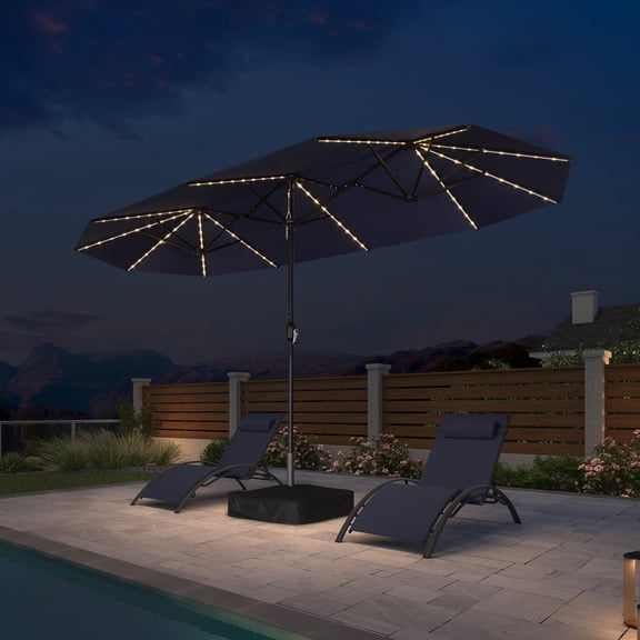 PURPLE LEAF 13ft Patio Market Umbrella with Solar LED and Base Double-Sided Pool Umbrellas for Pool Beach Deck Backyard Navy Blue