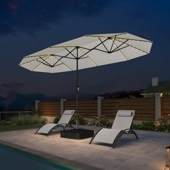 PURPLE LEAF 13ft Patio Umbrella with base and Solar LED Double-Sided Rectangle Outdoor Market Sun Umbrellas with Crank for Pool Beach Deck Backyard Cream