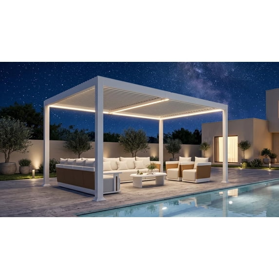 PURPLE LEAF 13x15 ft Louvered Pergola Solar LED Lights Heavy Duty Aluminum Outdoor Hidden Drainage System Patio Backyard Garden Deck White