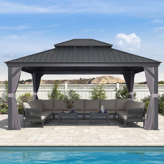 PURPLE LEAF 14 X 16 Hardtop Gazebo Aluminum Frame Galvanized Steel Double Roof Curtains and Netting Included Patio Lawn Garden Grey