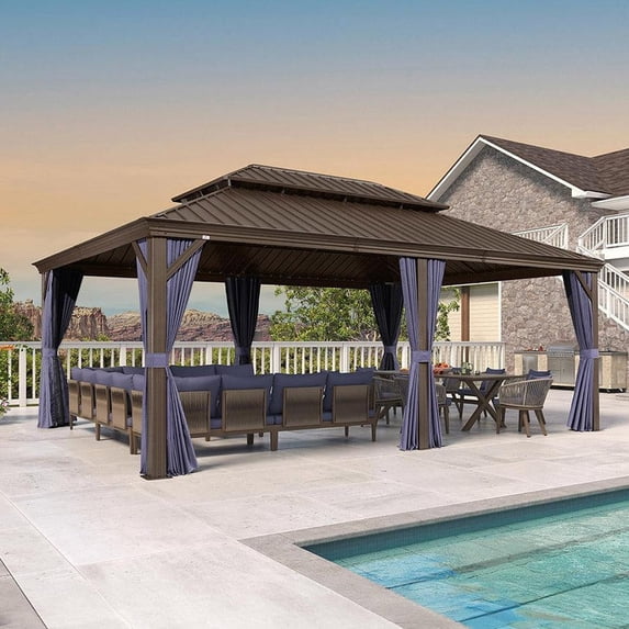 PURPLE LEAF 14 X 20 Outdoor Hardtop Gazebo Wide Aluminum Frame Metal Double Roof Heavy Duty Netting and Curtains Permanent Hard Top Pavilion Patio Deck Backyard Garden Navy Blue