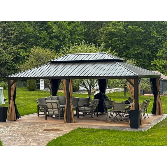 PURPLE LEAF 14 X 20 Outdoor Hardtop Gazebo Wide Aluminum Frame Metal Double Roof Heavy Duty Netting and Curtains Permanent Hard Top Pavilion Patio Khaki
