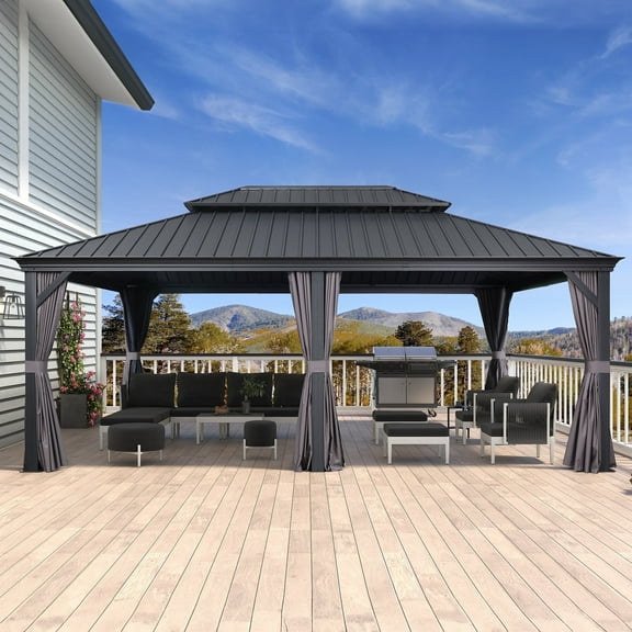 PURPLE LEAF 14' X 20' Permanent Hardtop Aluminum Frame Gazebo with Galvanized Steel Double Roof for Patio Lawn and Garden, Curtains and Netting Included, Grey