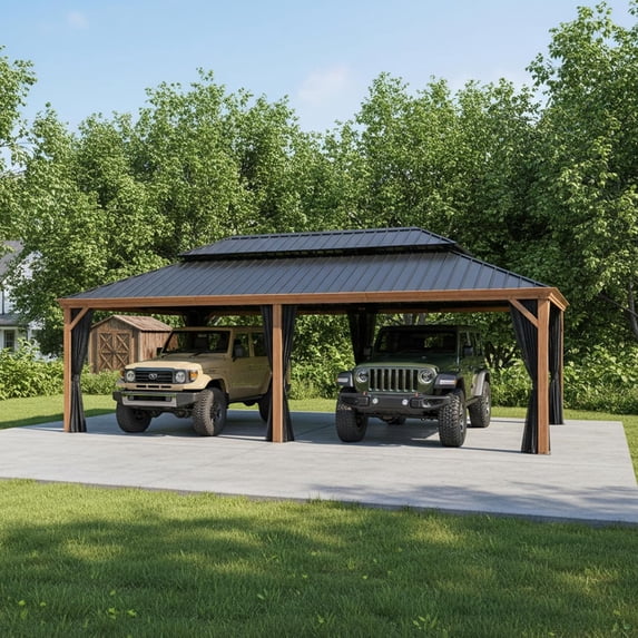 PURPLE LEAF 14' X 28' Outdoor Hardtop Gazebo Galvanized Steel Double Roof Wood Grain Aluminum Frame Patio Gazebos Heavy Duty Carport with Netting for Deck Backyard Garden