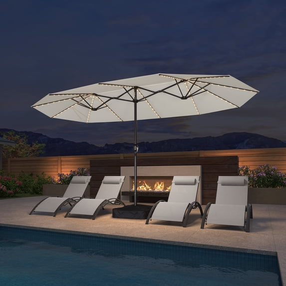 PURPLE LEAF 14ft Patio Umbrella with base and Solar LED Double-Sided Rectangle Outdoor Market Sun Umbrellas with Crank for Pool Beach Deck Backyard Cream