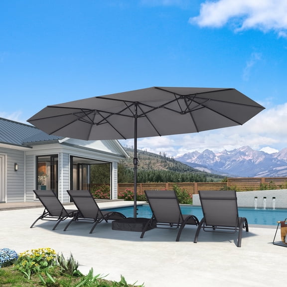 PURPLE LEAF 15ft Patio Umbrella with Base Double-Sided Rectangle Outdoor Market Umbrellas for Pool Beach Deck Backyard Light Gray