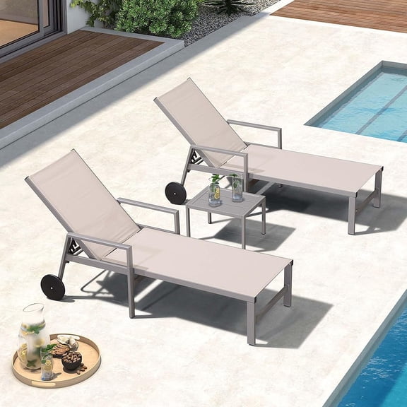 PURPLE LEAF 2-Person Armrest Outdoor Lounge Set – Adjustable Linen Chaise Lounges with Wheels, Aluminum Frame & Side Table for Patio, Poolside, or Yard