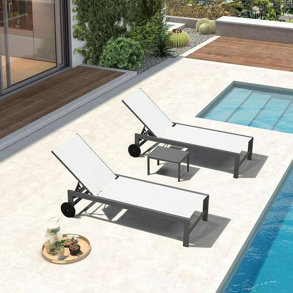 PURPLE LEAF 2-Person Outdoor Lounge Set – Adjustable Linen Chaise Lounges with Wheels, Aluminum Frame & Side Table for Patio, Poolside, or Yard