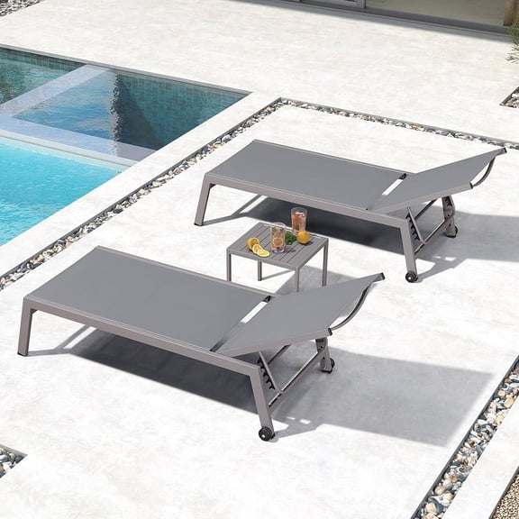 PURPLE LEAF 2-Person Oversize Outdoor Lounge Set – Adjustable Linen Chaise Lounges with Wheels, Aluminum Frame & Side Table for Patio, Poolside, or Yard,Grey