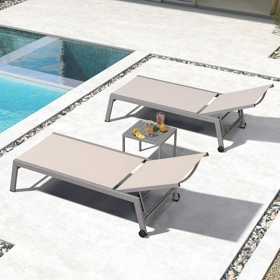 PURPLE LEAF 2-Person Oversize Outdoor Lounge Set – Adjustable Linen Chaise Lounges with Wheels, Aluminum Frame & Side Table for Patio, Poolside, or Yard