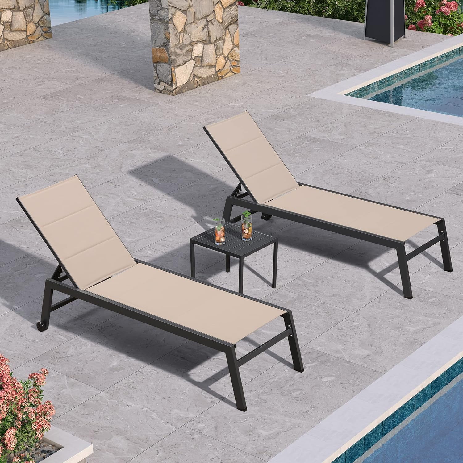 PURPLE LEAF 2 Pieces Aluminum Chaise Lounge with Wheels All Weather Outdoor Reclining Chair for