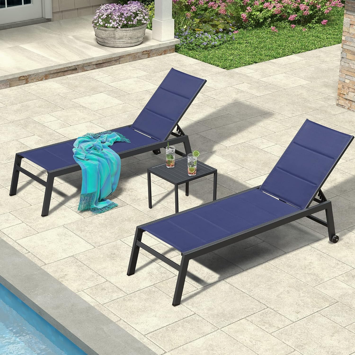 PURPLE LEAF 2 Pieces Aluminum Chaise Lounge with Wheels All Weather Outdoor Reclining Chair for