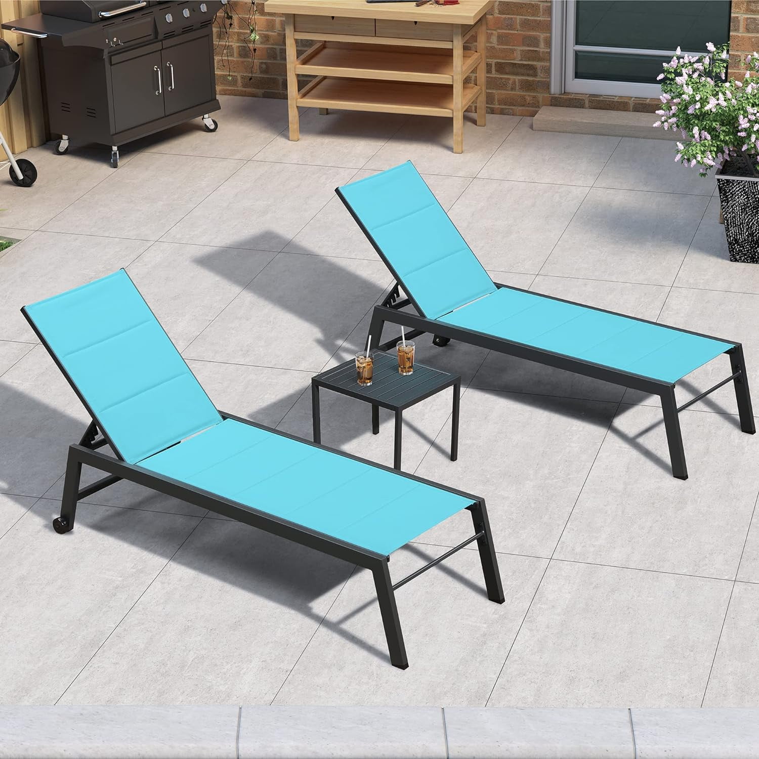 PURPLE LEAF 2 Pieces Aluminum Chaise Lounge with Wheels All Weather Outdoor Reclining Chair for