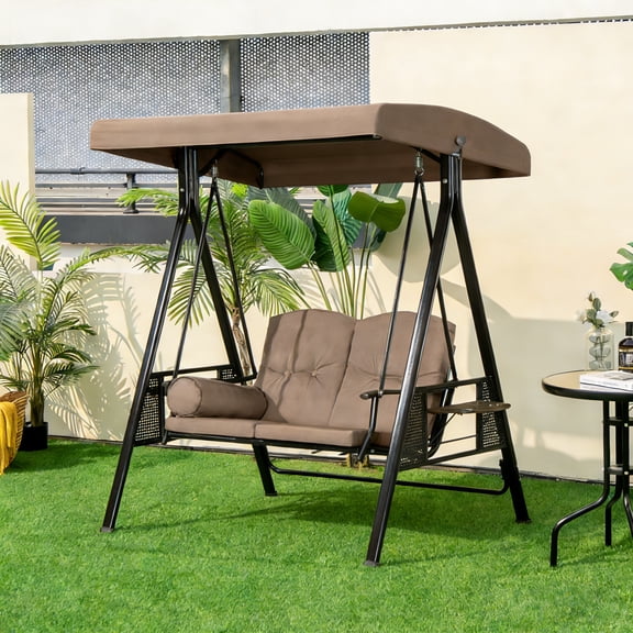 Purple Leaf 2-Seat Deluxe Outdoor Patio Swing, Weather-Resistant Steel Frame, Adjustable Tilt Canopy, Cushions and Pillow Included, Khaki