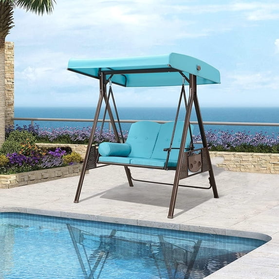 PURPLE LEAF 2-Seat Deluxe Outdoor Patio Porch Swing with Weather Resistant Steel Frame, Adjustable Tilt Canopy, Cushions and Pillow, Turquoise Blue