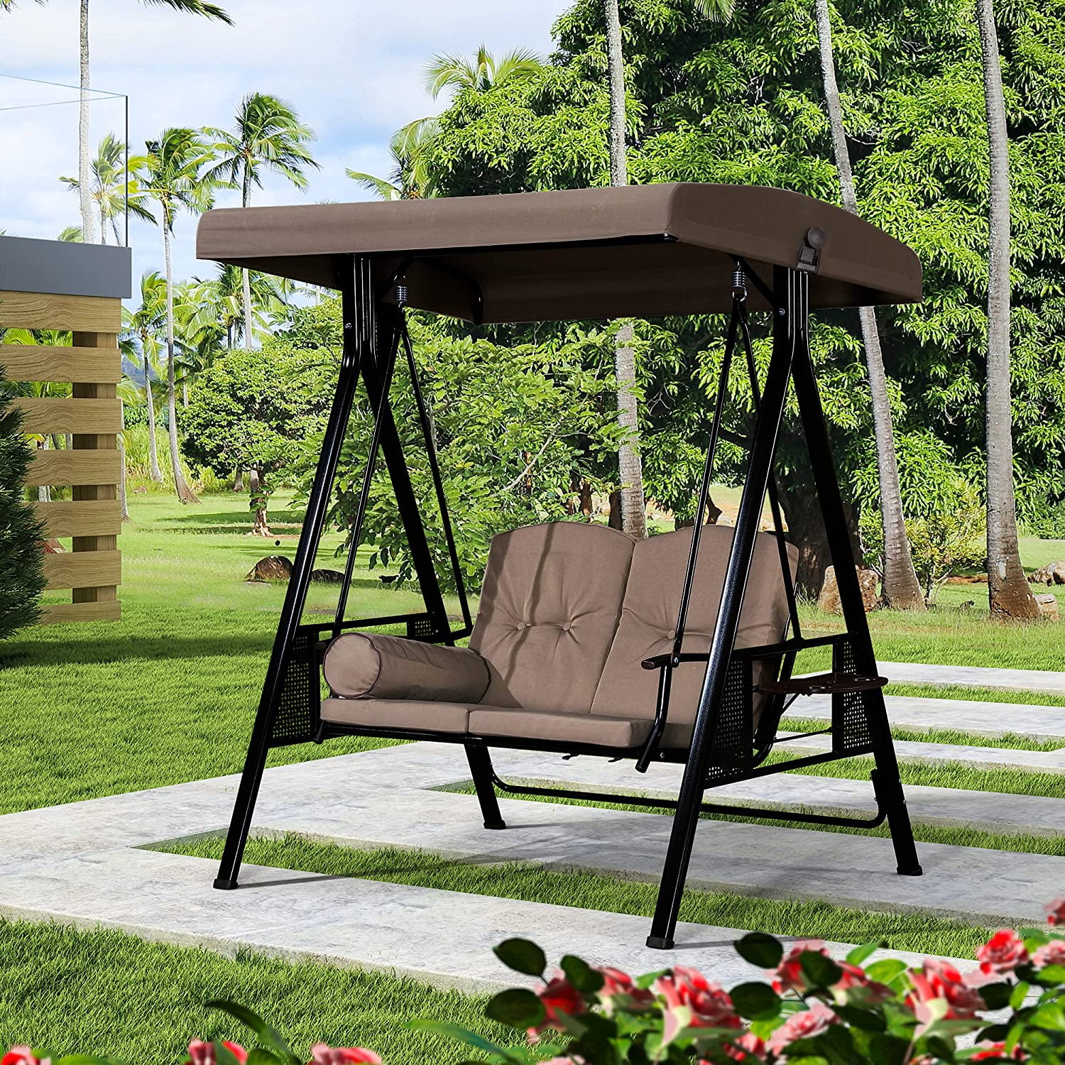 PURPLE LEAF 2 Seat Deluxe Outdoor Patio Porch Swing with Weather Resistant Steel Frame with Cushions and Pillow Beige