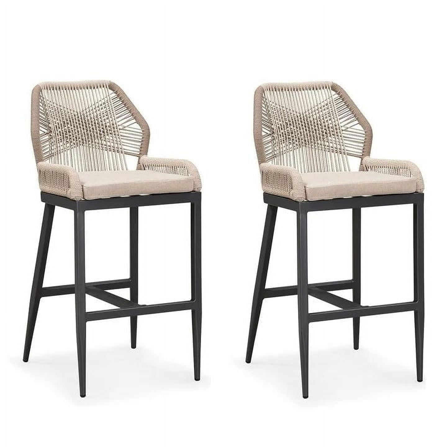 Dark Grey Twill Cushioned Outdoor Bar Stools with Rope Weaving
