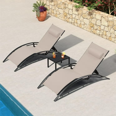 PURPLE LEAF 3 PCS Patio Oversized Chaise Lounge Chair Set with Side Table Pool Adjustable Recliner Chairs for Outside Beach Outdoor Sunbathing Tanning Poolside Loungers, Beige