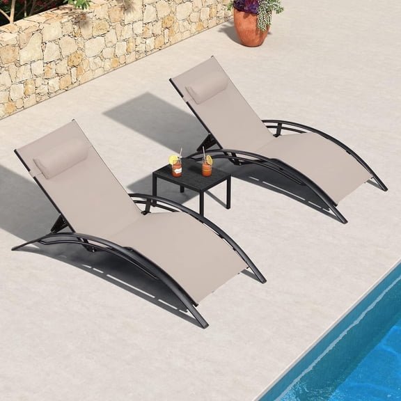 PURPLE LEAF 3 PCS Patio Oversized Chaise Lounge Chair Set with Side Table Pool Adjustable Recliner Chairs for Outside Beach Outdoor Sunbathing Tanning Poolside Loungers, Beige