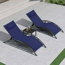 PURPLE LEAF 3 PCS Patio Oversized Chaise Lounge Chair Set with Side Table Pool Adjustable Recliner Chairs for Outside Beach Sunbathing Tanning Poolside Loungers, Navy blue