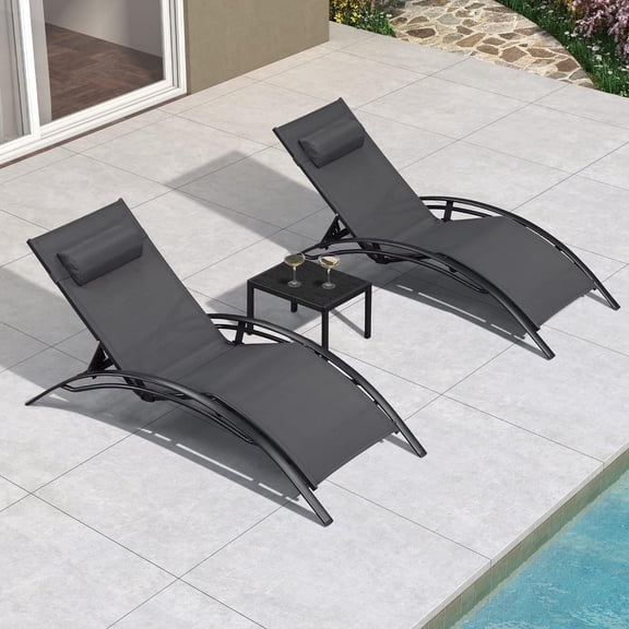 PURPLE LEAF 3 PCS Patio Oversized Chaise Lounge Chair Set with Side Table Poolside Adjustable Recliner Chairs for Outside Beach Outdoor Pool Sunbathing Tanning Loungers, Gray
