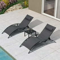 PURPLE LEAF 3 PCS Patio Oversized Chaise Lounge Chair Set with Side Table Poolside Adjustable Recliner Chairs for Outside Beach Outdoor Pool Sunbathing Tanning Loungers, Gray